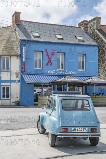 Parked sky blue Citroen 2CV with roll top in front of Café Resto du Port Le Surcouf, a popular simple restaurant in the Port du Legue industrial port, Saint-Brieuc, department of Cotes-d'Armor, Brittany region, France