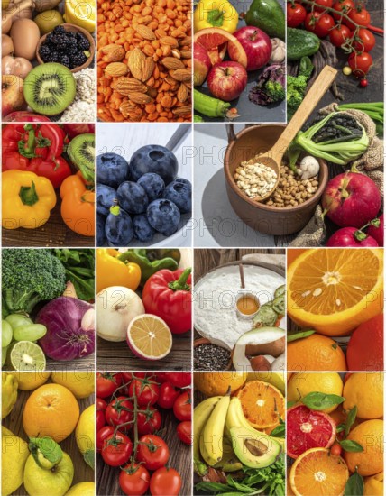 Food collage of various biological and organic fruits and vegetables, fresh healthy lifestyle, with a variety of vitamins, citrus fruits, green and red organic vegetables, kiwi, bananas, apple, avocados, tomatoes and green salad, symbolic background illustration for banner, template or wallpaper, AI generated