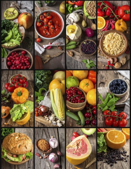 Food collage of various biological and organic fruits and vegetables, fresh healthy lifestyle, with a variety of vitamins, citrus fruits, green and red organic vegetables, kiwi, bananas, apple, avocados, tomatoes and green salad, symbolic background illustration for banner, template or wallpaper, AI generated