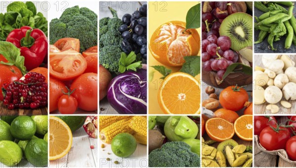 Food collage of various biological and organic fruits and vegetables, fresh healthy lifestyle, with a variety of vitamins, citrus fruits, green and red organic vegetables, kiwi, bananas, apple, avocados, tomatoes and green salad, symbolic background illustration for banner, template or wallpaper, AI generated