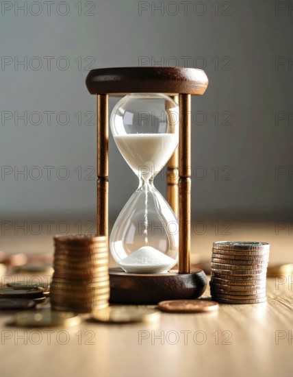 Hourglass and stacked golden coins, illustrating currency fluctuation and time impact commodities value, symbolizing fluctuating finance market changes, business setting, glass with sand on wooden table in the office, blurred background, wallpaper illustration, AI generated