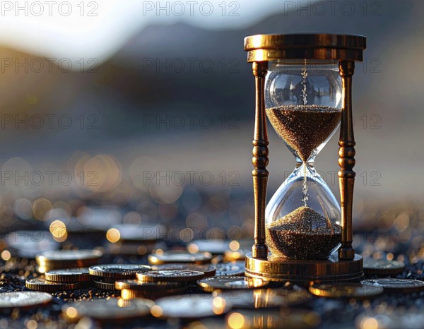 Hourglass and stacked golden coins, illustrating currency fluctuation and time impact commodities value, symbolizing fluctuating finance market changes, business setting, glass with sand on wooden table in the office, blurred background, wallpaper illustration, AI generated