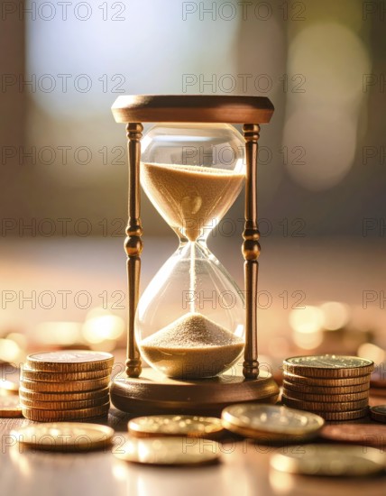 Hourglass and stacked golden coins, illustrating currency fluctuation and time impact commodities value, symbolizing fluctuating finance market changes, business setting, glass with sand on wooden table in the office, blurred background, wallpaper illustration, AI generated