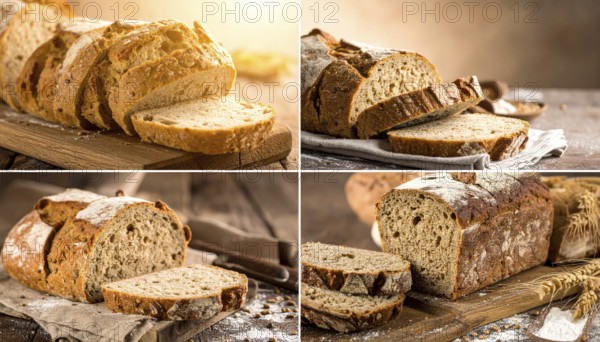 Collage of rustic loaf of whole grain bread, bread on dark rustic wooden table, great variety of grain and whole wheat bread, illustration wallpaper for bakery and healthy food lifestyle, AI generated