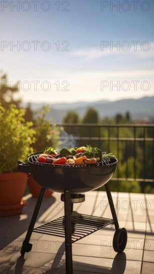 Cooking vegetables on grill on the balcony, healthy lifestyle, vegetarian barbeque, leisure time in summer, suburban setting with blurred background, soft golden light of evening, blue sky, AI generated