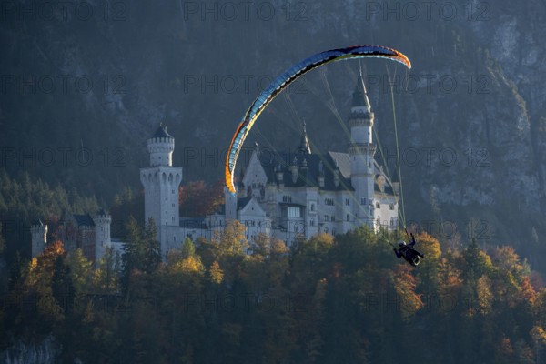 Paragliders in front of Neuschwanstein Castle, surrounded by autumn forests and mountains, Schwangau, Ostallgäu, Allgäu, Swabia, Bavaria, Germany