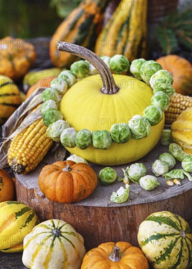 Colourful autumn still life with yellow squash decorated with a wreath of fresh Brussels sprouts surrounded by bright orange pumpkins, striped pumpkins and corn on the corn cob. Harvest or floristic concept
