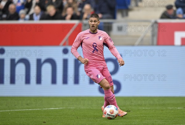 Andrej Kramaric TSG 1899 Hoffenheim (27) Action on the ball jersey of TSG 1899 Hoffenheim, special jersey, action against breast cancer, breast cancer awareness campaign, PreZero Arena, Sinsheim, Baden-Württemberg, Germany