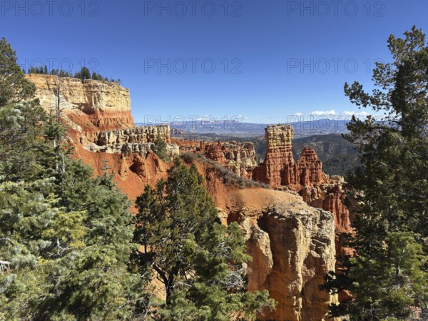 Red cliffs and thick forests stretch to the horizon under deep blue skies, Bryce Canyon National Park is located in southwestern Utah in the United States, sweeping view of rock formations and mountains in the background, Tropic, Utah, USA