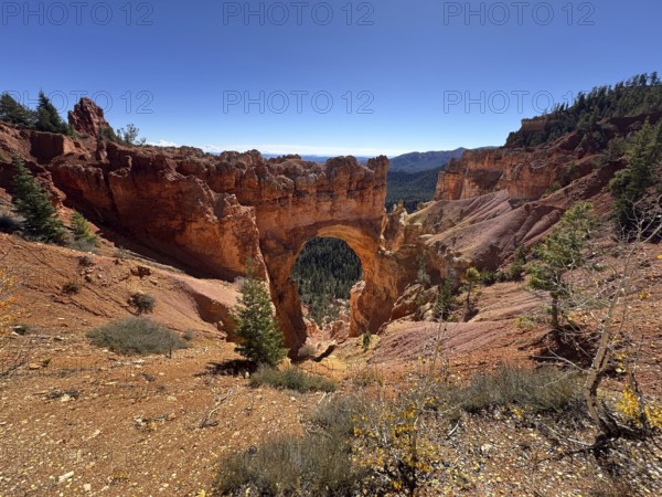 Expansive view of a rocky arch surrounded by clear, deep blue sky, Bryce Canyon National Park is located in southwestern Utah in the United States, Impressive rock arch in the middle of a red rocky landscape under clear skies, Tropic, Utah, USA