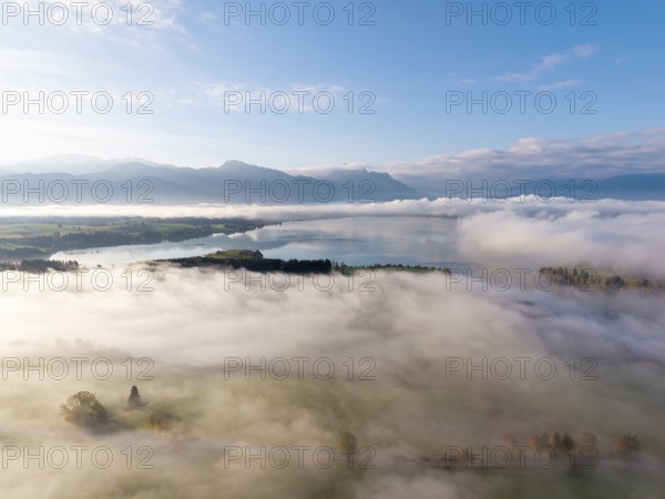 Wide view with fog over Lake Forggensee and rolling hills, near Roßhaupten, Ostallgäu, Allgäu, Swabia, Bavaria, Germany