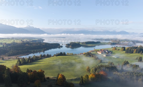 Wide landscape with Forggensee and mountains in the background, fog creates a quiet atmosphere, near Roßhaupten, Ostallgäu, Allgäu, Swabia, Bavaria, Germany