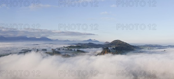 View of wooded hills emerging from foggy morning light, near Roßhaupten, Ostallgäu, Allgäu, Swabia, Bavaria, Germany