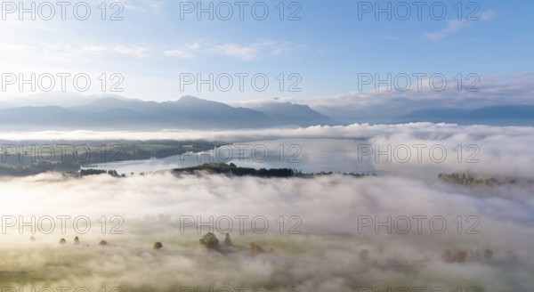 Morning fog covers a vast landscape with Lake Forggensee, near Roßhaupten, Ostallgäu, Allgäu, Swabia, Bavaria, Germany