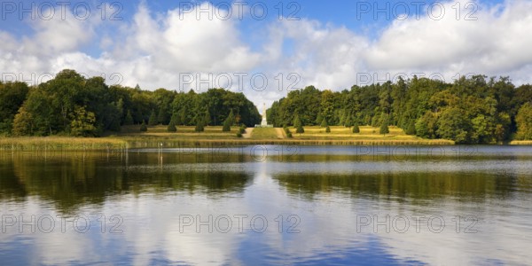 Lake Grienerick with the Rheinsberg Obelisk, Rheinsberg, Brandenburg, Germany
