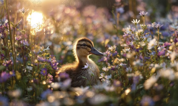 A duckling is sitting in a field of flowers. The sun is shining brightly on the scene, creating a warm and peaceful atmosphere. AI generated