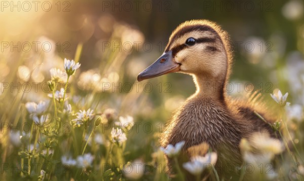 A duckling is sitting in a field of flowers. The duckling is small and brown, and it is surrounded by a lot of white flowers. The scene is peaceful. AI generated