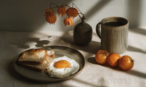 A plate of toast and eggs sits on a table next to a vase of flowers and a cup of coffee. The scene is simple and inviting, with the breakfast food. AI generated
