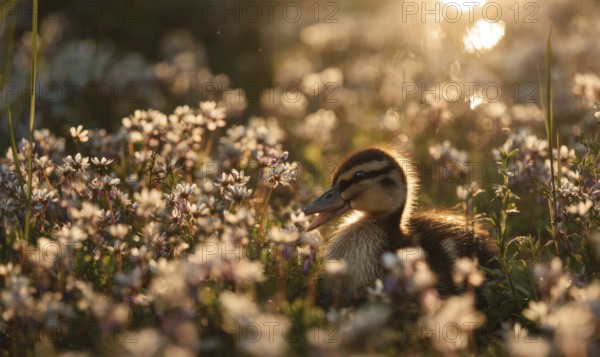 A duckling is sitting in a field of flowers. The scene is peaceful and serene, with the duckling looking up at the camera. AI generated