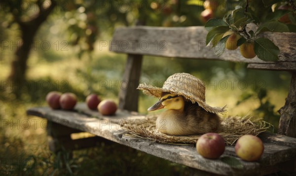 A duck wearing a straw hat is sitting on a bench with apples. The scene is peaceful and serene, with the duck looking out over the apples. AI generated