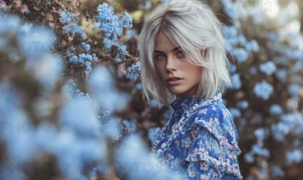 A woman is standing in a field of blue flowers. She is wearing a blue dress with floral patterns. AI generated