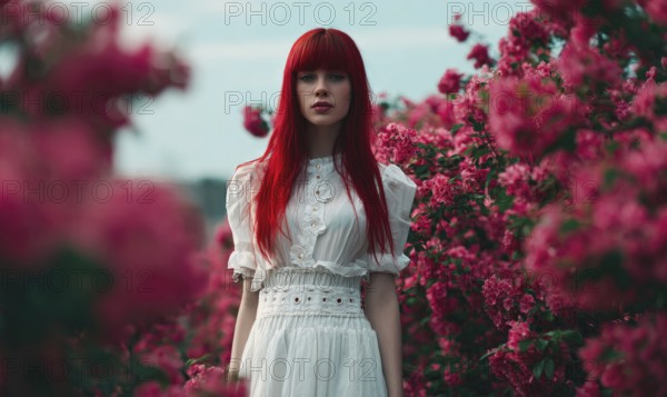 A woman with red hair stands in a field of pink flowers. Concept of beauty and serenity. AI generated