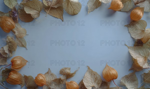 A blue background with a frame of orange leaves. The leaves are scattered around the frame, creating a sense of movement and life. AI generated