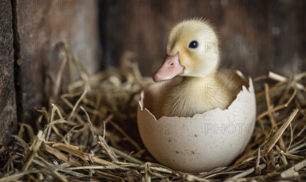 A baby duck is sitting in an eggshell. Concept of new life and growth, as the duck is just beginning its journey in the world. AI generated