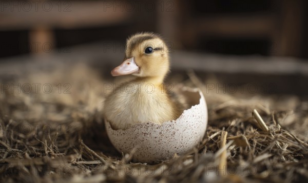 A baby duck is sitting in an eggshell. Concept of new life and growth, as the duck is just beginning its journey as a young animal. AI generated
