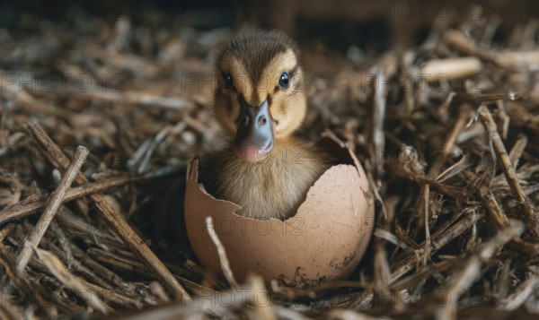A baby duck is sitting in an eggshell. The eggshell is cracked open and the duck is peeking out. AI generated