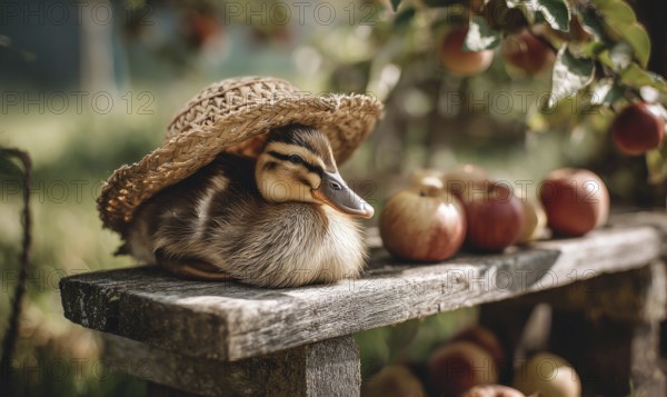 A duck wearing a straw hat is laying on a bench next to a pile of apples. The scene is peaceful and serene, with the duck looking relaxed and content. AI generated