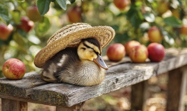 A duck wearing a straw hat is resting on a wooden bench next to a pile of apples. The scene is peaceful and serene, with the duck looking content. AI generated