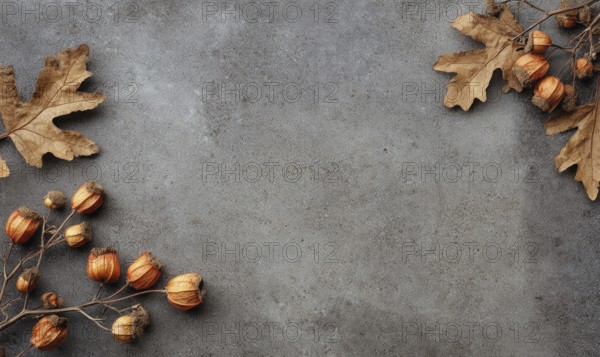 A grey background with a few leaves and some small orange fruits. The leaves are scattered around the background. AI generated