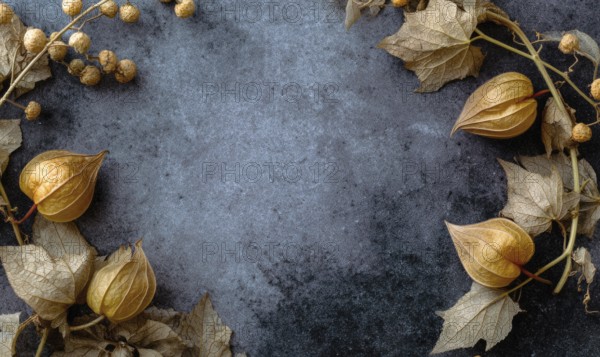 A close up of a leafy plant with a few yellow flowers. The flowers are surrounded by leaves and the background is a dark blue. AI generated