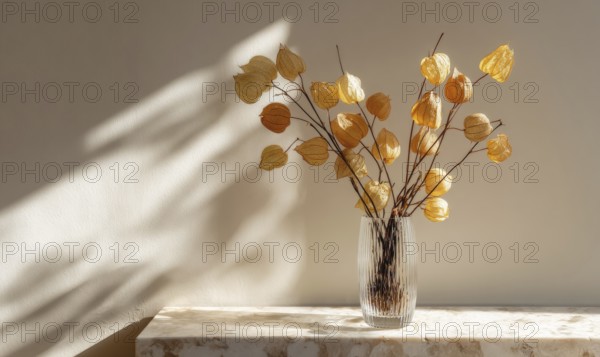 A vase of dried flowers sits on a table, casting a shadow on the wall. The flowers are arranged in a way that creates a sense of depth and dimension, AI generated