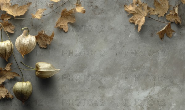 A grey background with a bunch of leaves on it. The leaves are brown and scattered around the background. AI generated
