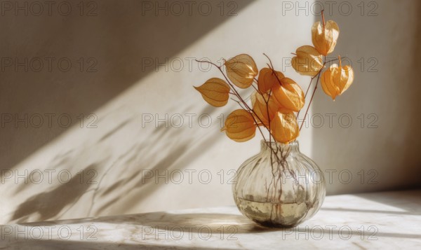 A vase of flowers sits on a table, with the sun shining on it. The flowers are orange and yellow, and the vase is clear. The scene is peaceful. AI generated