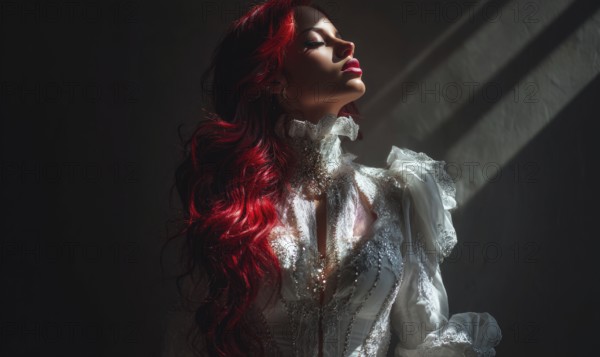 A woman with red hair and a white dress is standing in front of a window. The image has a moody and mysterious feel to it. AI generated