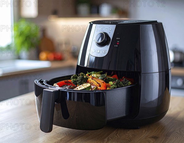 Air fryer with grilled vegetables, wooden table in the kitchen, healthy eating, healthy vegetarian lifestyle with fruits and vegetables, close up with blurred background, soft light, AI generated