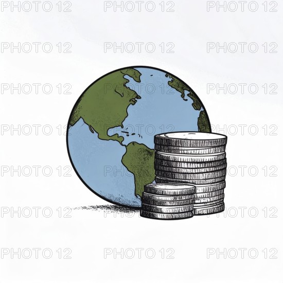 Green earth globe with silver coin stack symbolizing global finance economy and sustainable growth, abstract geometric vector illustration, wallpaper template background, AI generated