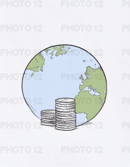 Green earth globe with silver coin stack symbolizing global finance economy and sustainable growth, abstract geometric vector illustration, wallpaper template background, AI generated