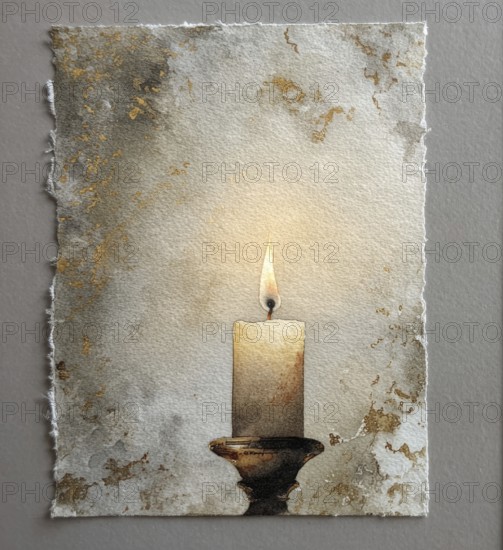 A candle is lit in a painting of a candle holder. The candle is the main focus of the painting, and the holder is in the background. AI generated