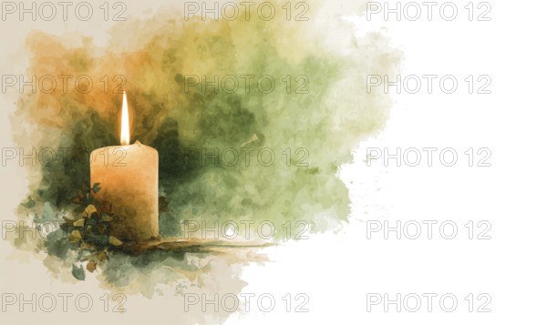 A candle is lit on a table with a green background. The candle is the main focus of the image, and it creates a warm and cozy atmosphere. AI generated