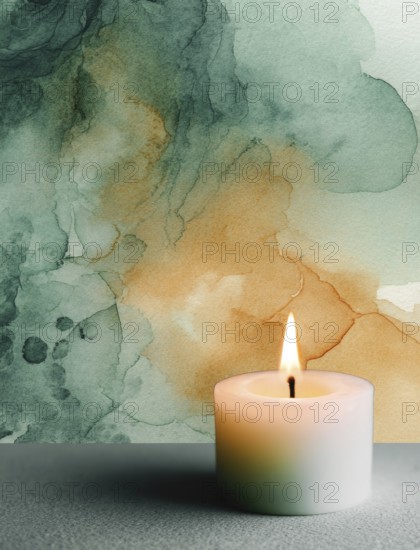 A candle is lit on a table in front of a green and yellow background. The candle's light casts a warm glow on the table, creating a cozy. AI generated