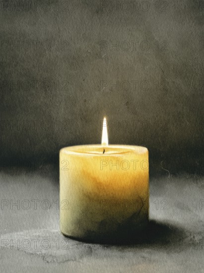 A candle is lit and sits on a table. The candle is yellow and the light is soft. AI generated