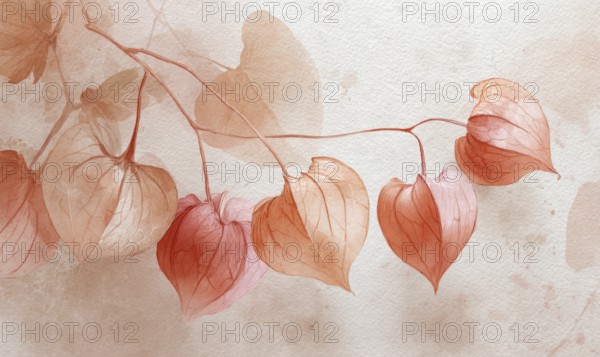 A painting of a branch with five red flowers. The flowers are arranged in a way that they look like they are blooming. The painting has a warm. AI generated