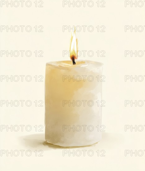 A candle is lit and is sitting on a white background. The candle is the main focus of the image, and it creates a warm and cozy atmosphere. AI generated