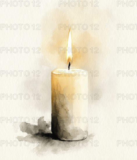 A candle is lit and the flame is yellow. The candle is in a painting and the painting is in watercolor. AI generated