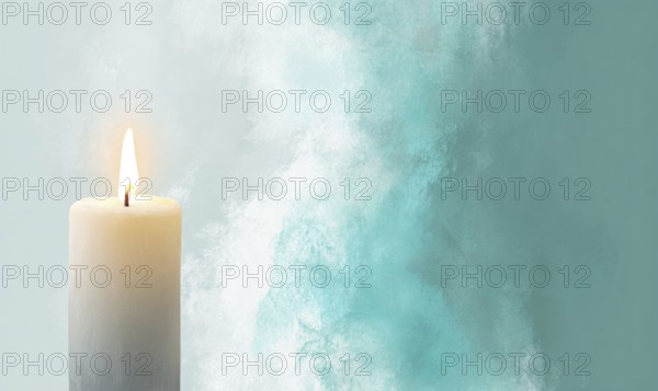 A candle is lit in front of a blue background. The candle is the main focus of the image, and it creates a warm and cozy atmosphere. AI generated