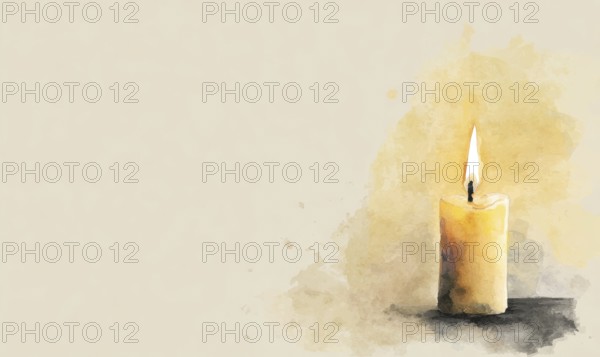 A candle is lit on a table. The candle is yellow and the flame is white. AI generated